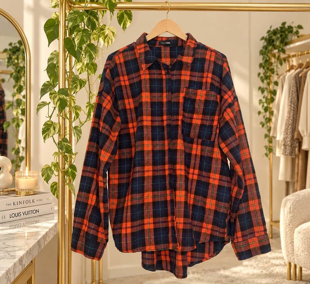 Fashion Nova Overdressed Plaid Flannel Button Down Shirt Red Navy